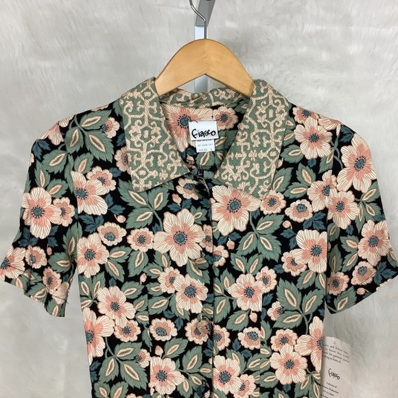 Vintage 90s Fiasco Grunge Pink Peach, Blue, Black Floral Button Front Dress XXS - Picture 2 of 6